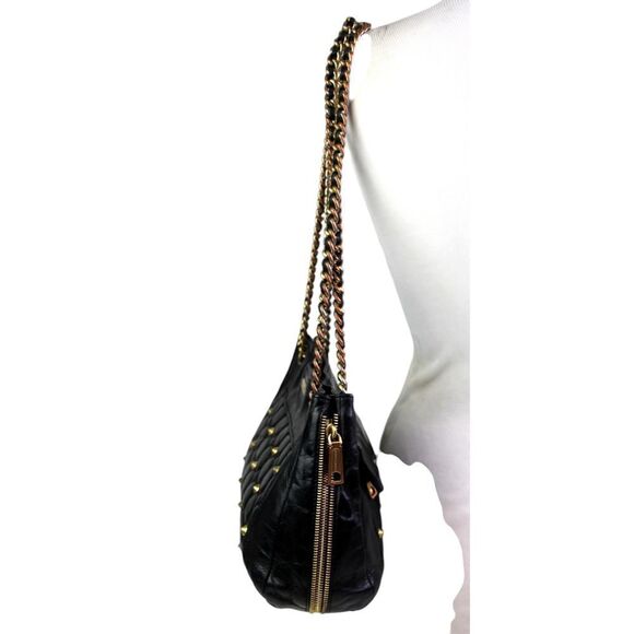 Rebecca Minkoff QUILTED BLACK GENUINE LEATHER STUDS CHAIN SHOULDER BAG PURSE - Picture 4 of 16